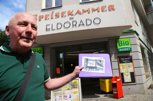 Nash outside the 'Kit Kat' club: the Eldorado, now an organic supermarket, Berlin.