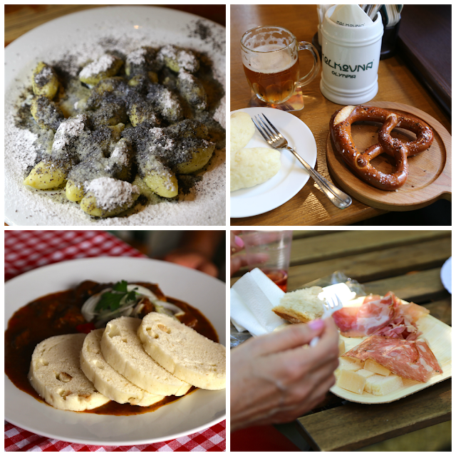 Czech food, Prague, Sisky s Makem, Pretzel and potato dumplings, goulash and dumplings, cheese and meat plate,
