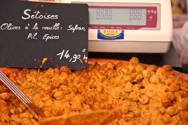 Olives Setoises a la rouille: at Sète market, South of France