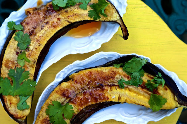 BBQ baked plantain with chilli butter, lime and coriander