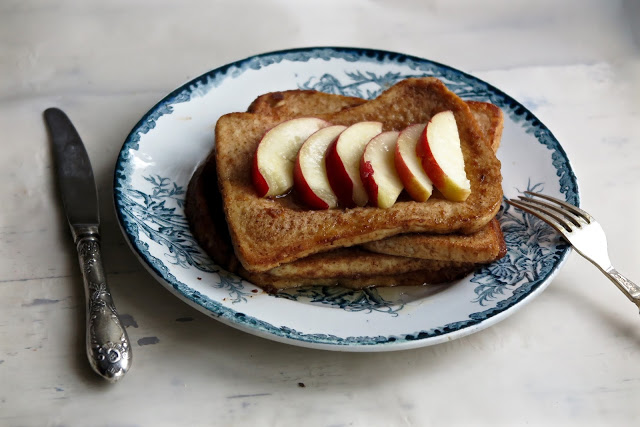 French toast with maple syrup and nectarines (vegan and non vegan)