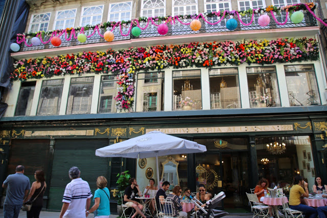 cafe decorated for festival of sao joao, Porto, Portugal