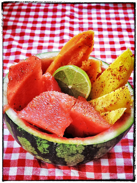  tropical fruit with chilli and lime in a watermelon bowl Kerstin Rodgers/msmarmitelover.com