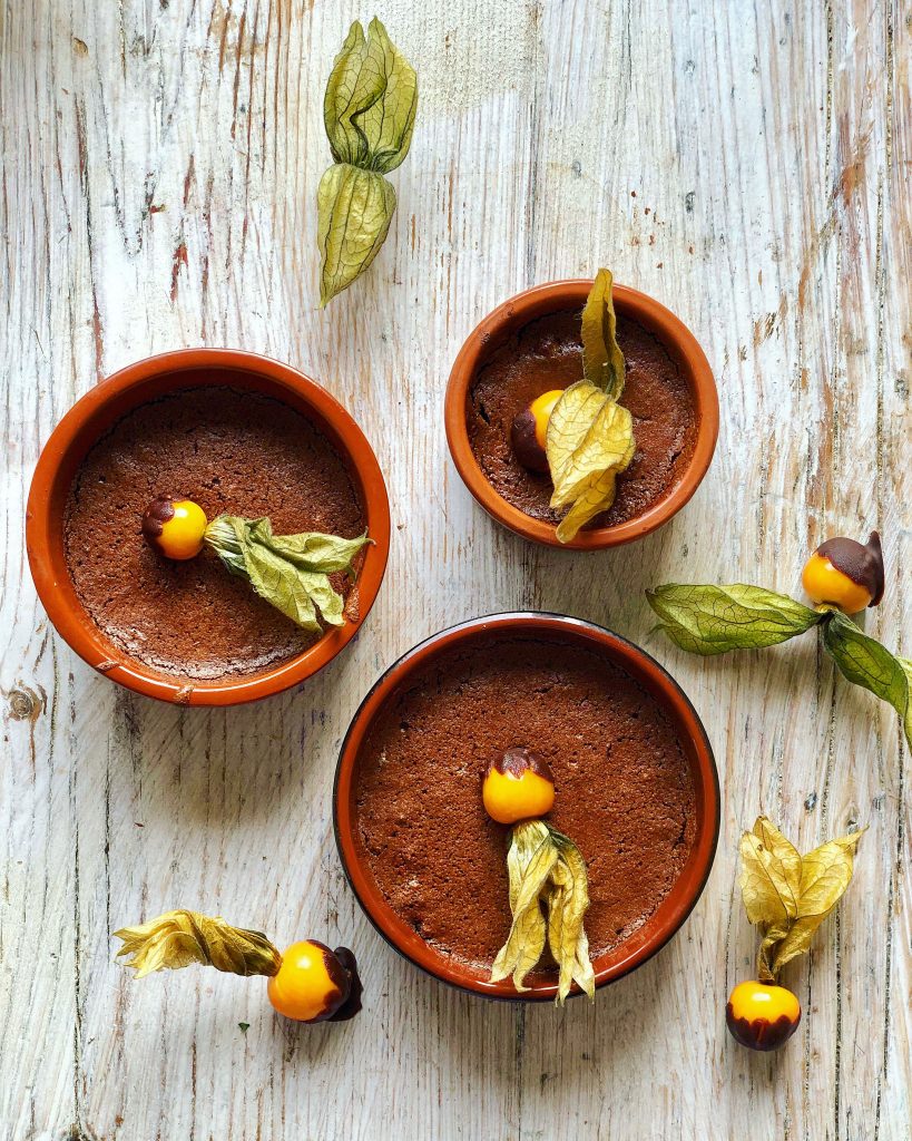 Orange chocolate mousse with chocolate dipped physalis pic: Kerstin Rodgers/msmarmitelover.com