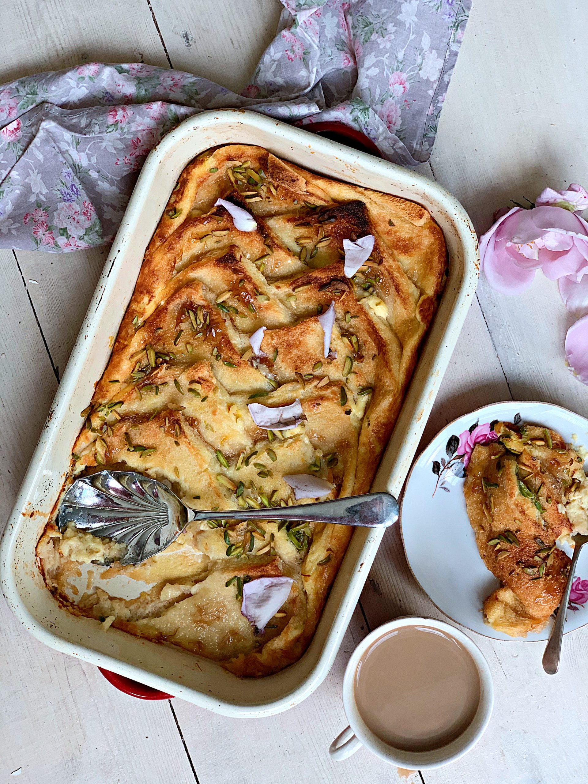 rose, saffron and pistachio bread and butter pudding pic: Kerstin rodgers/msmarmitelover.com