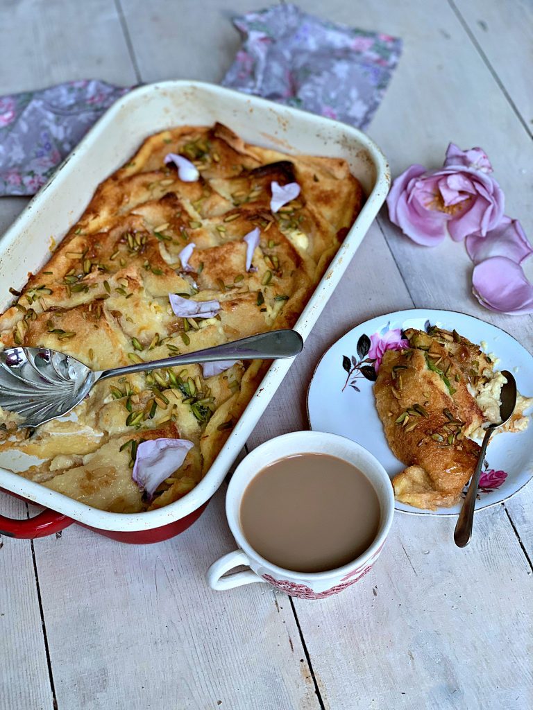 rose, pistachio and saffron bread and butter pudding pic: Kerstin rodgers/msmarmitelover.com