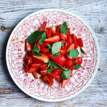 strawberry tomato holy basil salad pic: Kerstin rodgers/msmarmitelover.com